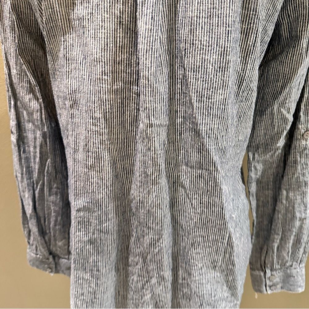 Button-Up Shirt Eileen Fisher Navy Striped Organic Cotton Hemp Mandarin Collar - Picture 14 of 15